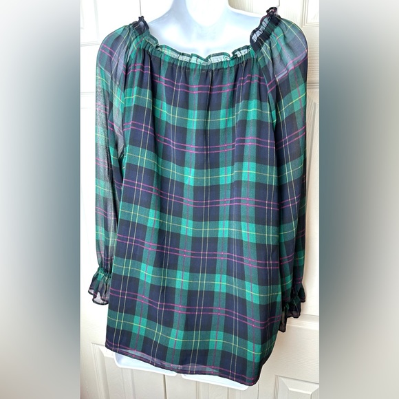 TALBOTS Petite Plaid Popover Blouse Top Shirt Tartan Flowy Green Black Pink - Picture 10 of 14
